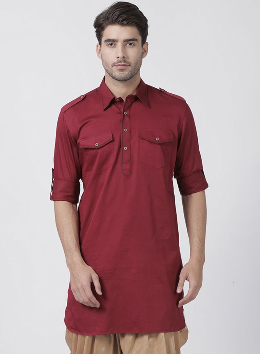 Vastramay Men's Maroon Cotton Blend Kurta