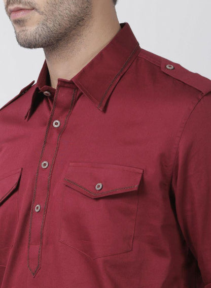 Vastramay Men's Maroon Cotton Blend Kurta