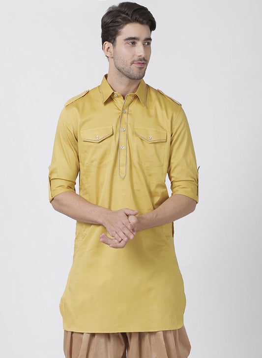 Vastramay Men's Yellow Cotton Blend Kurta