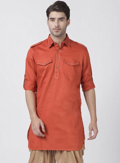 Vastramay Men's Orange Cotton Blend Kurta