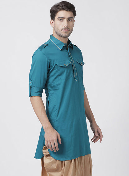 Vastramay Men's Dark Green Cotton Blend Kurta