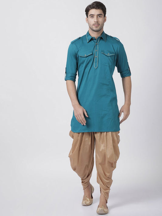 Vastramay Men's Turquoise Cotton Blend Pathani Suit Set