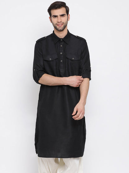 Vastramay Men's Black Cotton Blend Pathani Style Kurta