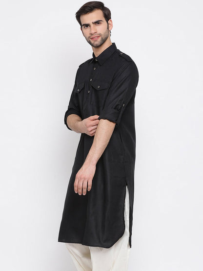 Vastramay Men's Black Cotton Blend Pathani Style Kurta