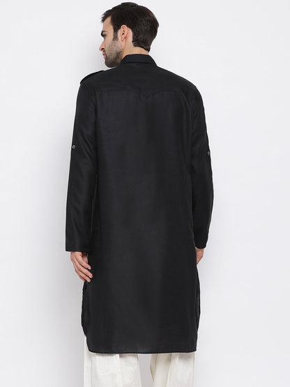 Vastramay Men's Black Cotton Blend Pathani Style Kurta