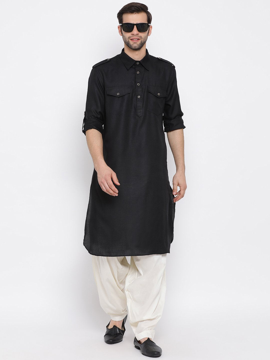 Vastramay Men's Black Cotton Blend Pathani Style Kurta