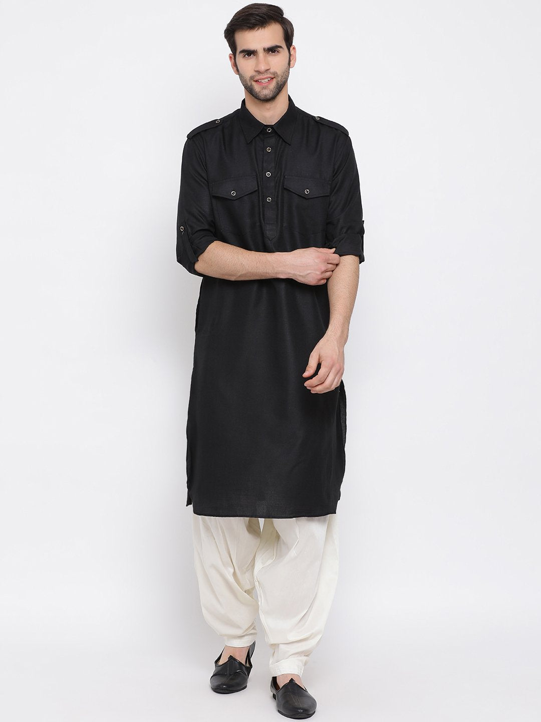 Vastramay Men's Black Cotton Blend Pathani Suit Set