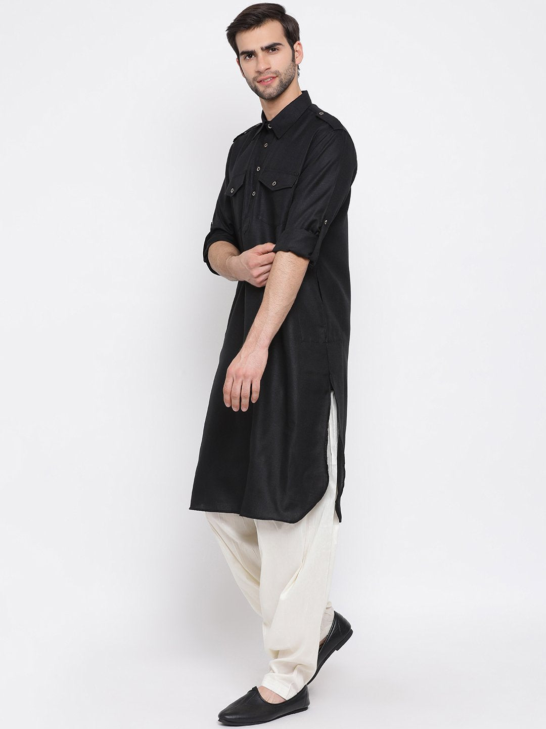 Vastramay Men's Black Cotton Blend Pathani Suit Set