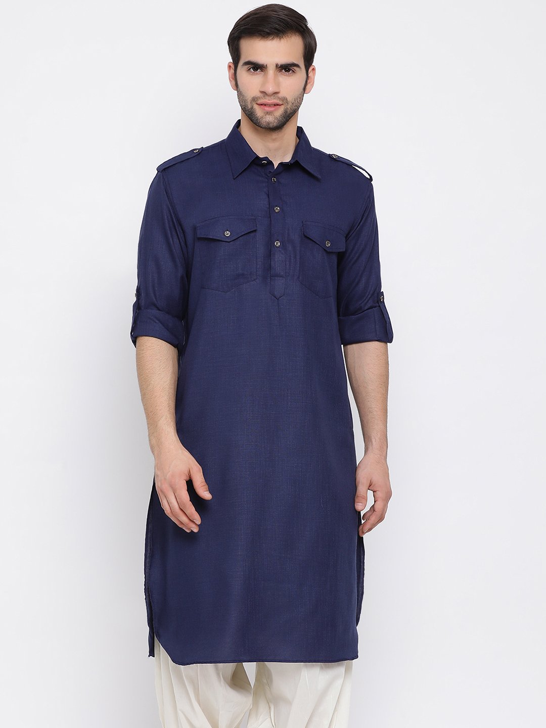 Vastramay Men's Blue Cotton Blend Pathani Style Kurta