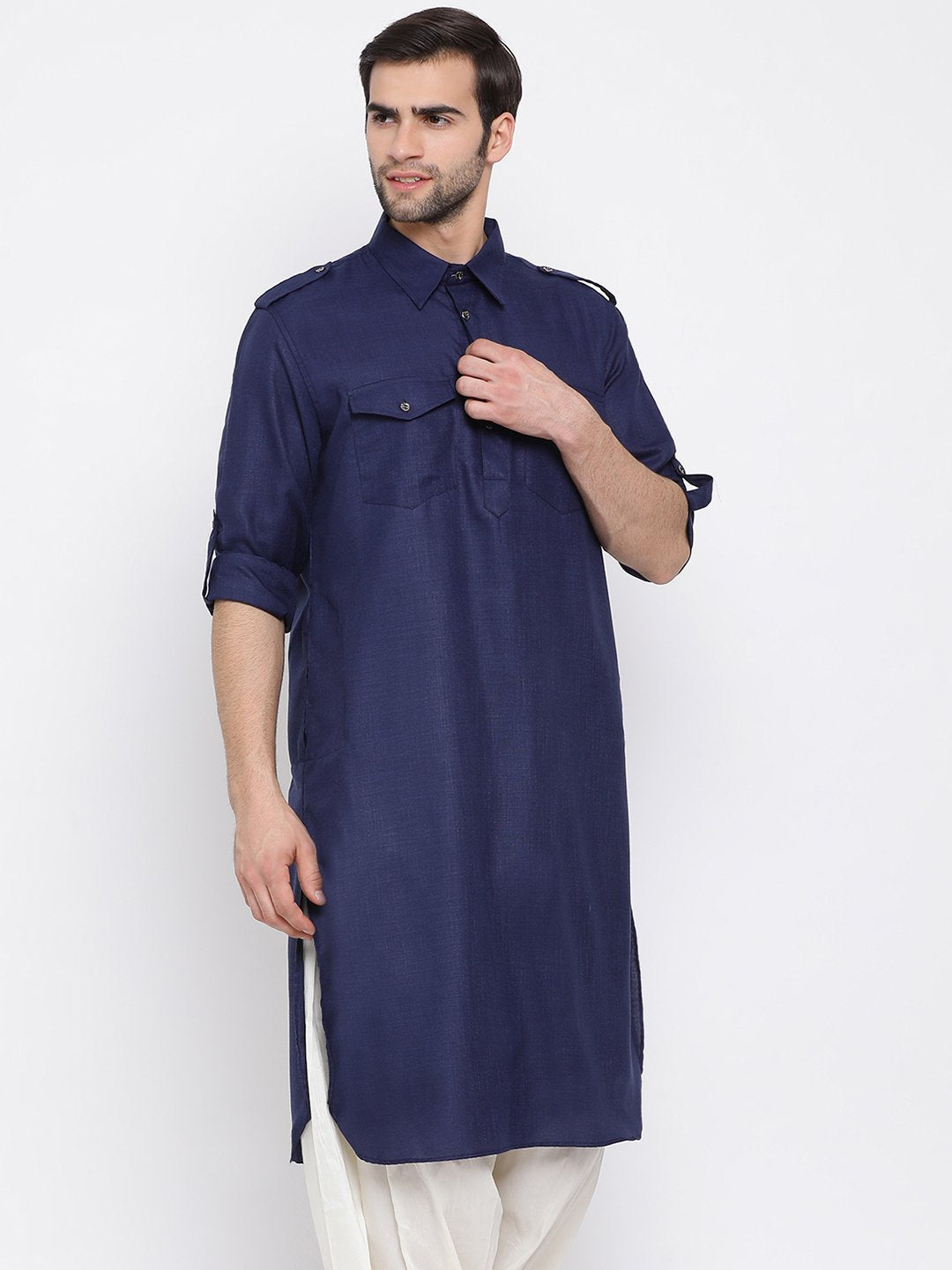 Vastramay Men's Blue Cotton Blend Pathani Style Kurta