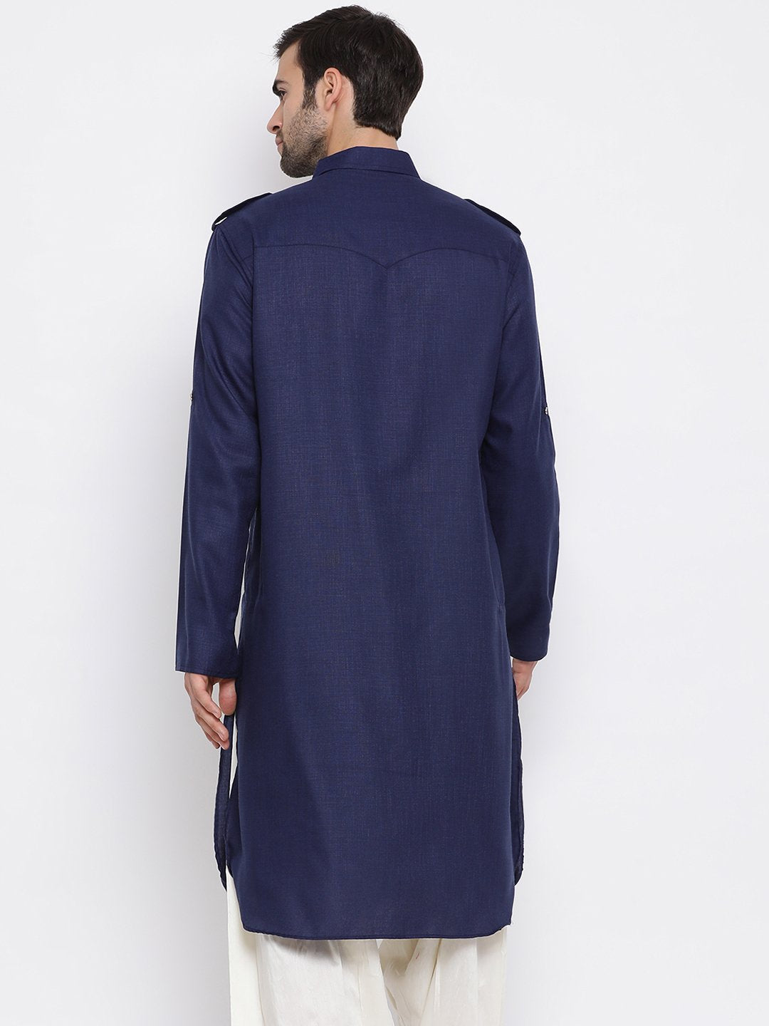 Vastramay Men's Blue Cotton Blend Pathani Style Kurta