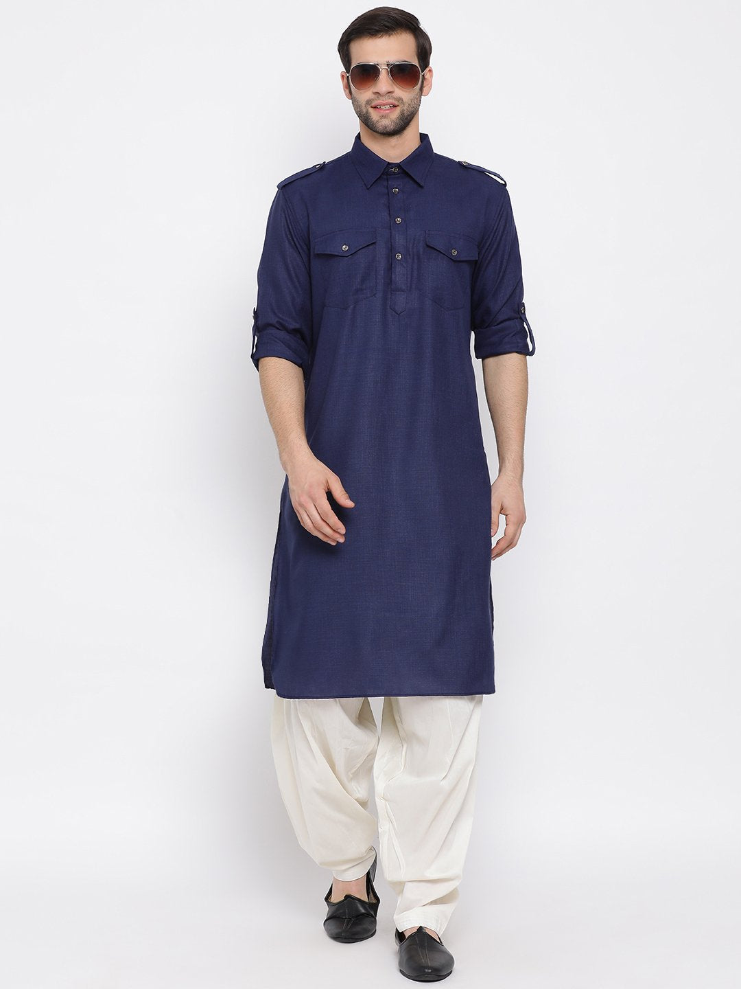 Vastramay Men's Blue Cotton Blend Pathani Style Kurta