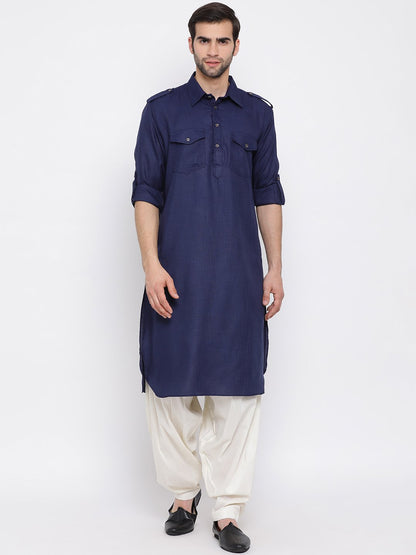 Vastramay Men's Blue Cotton Blend Pathani Suit Set