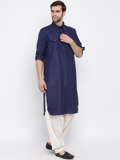 Vastramay Men's Blue Cotton Blend Pathani Suit Set