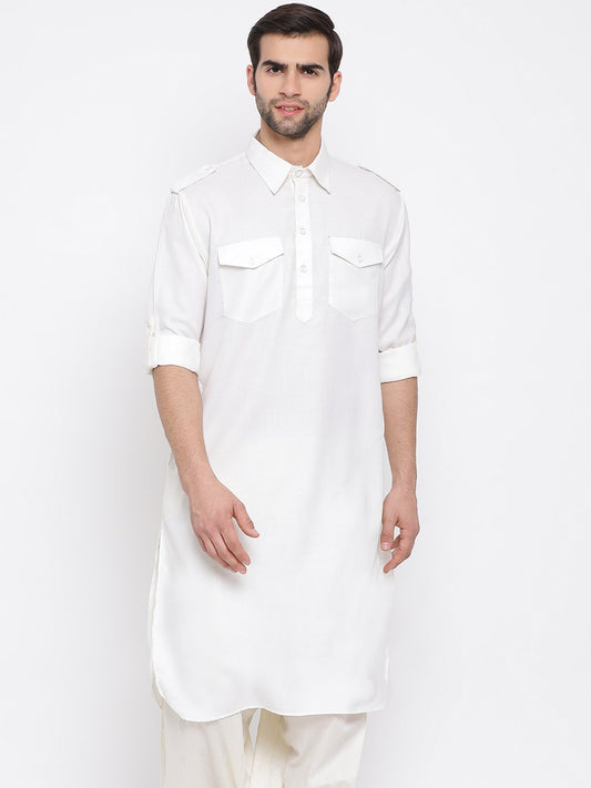 Vastramay  Men's Cream Cotton Blend Pathani Style Kurta