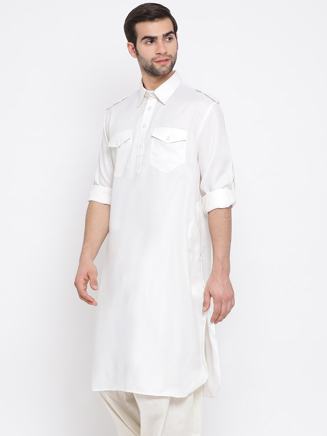 Vastramay  Men's Cream Cotton Blend Pathani Style Kurta