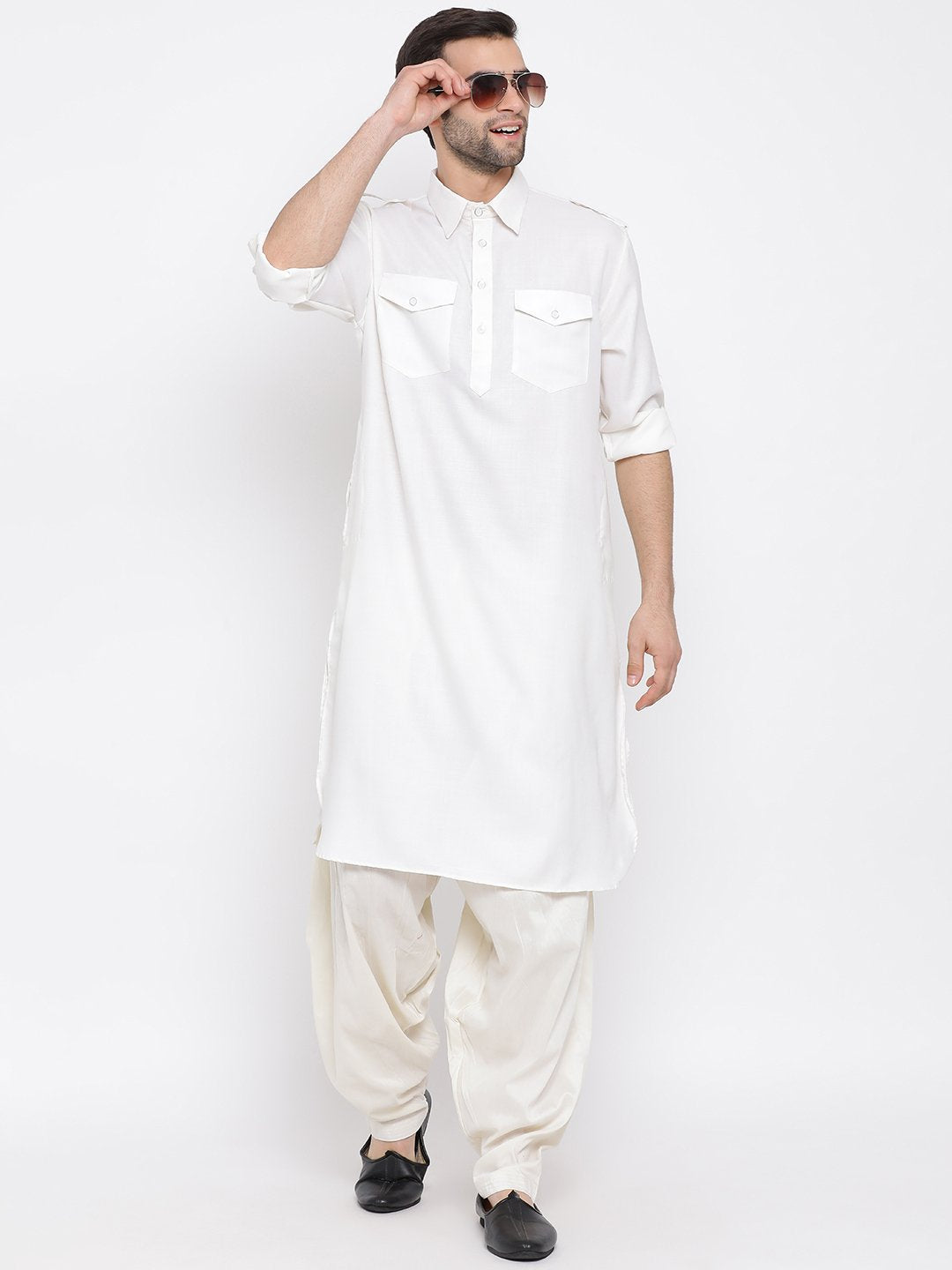 Vastramay  Men's Cream Cotton Blend Pathani Style Kurta