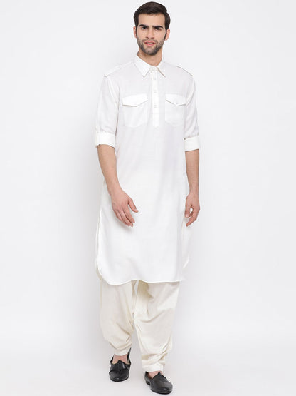 Vastramay Men's Cream Cotton Blend Pathani Suit Set