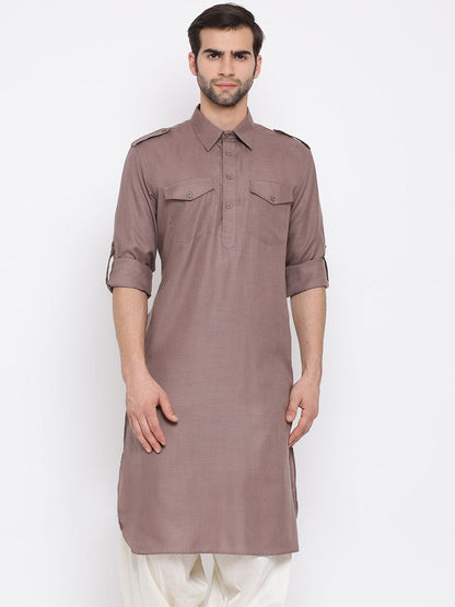 Vastramay Men's Grey Cotton Blend Pathani Style Kurta