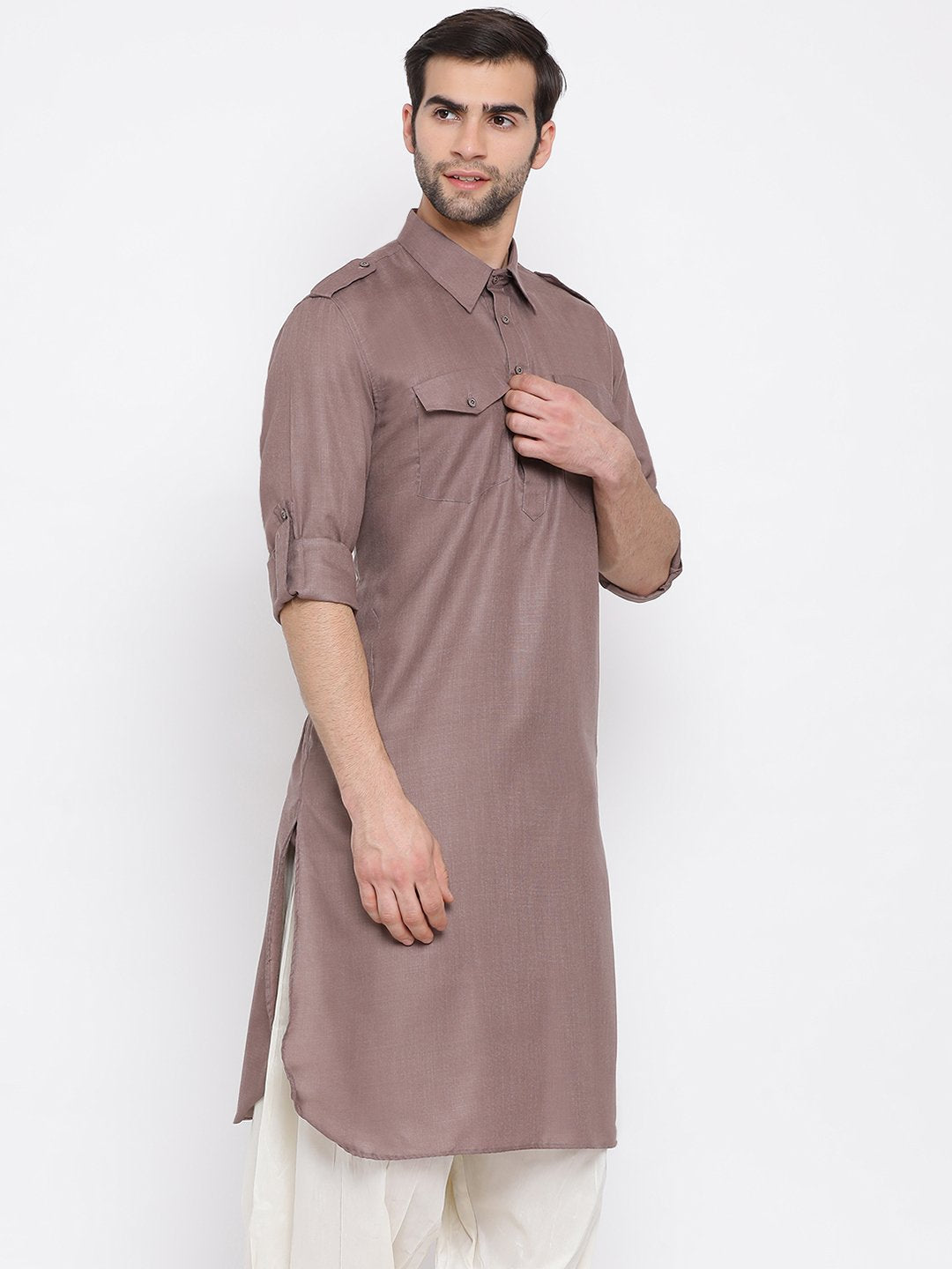 Vastramay Men's Grey Cotton Blend Pathani Style Kurta