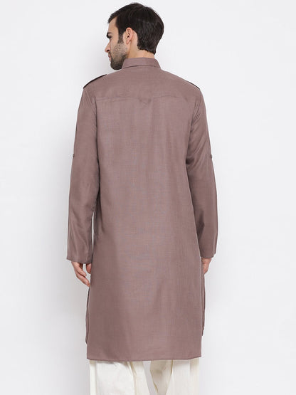 Vastramay Men's Grey Cotton Blend Pathani Style Kurta