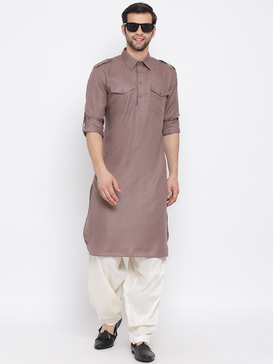 Vastramay Men's Grey Cotton Blend Pathani Style Kurta