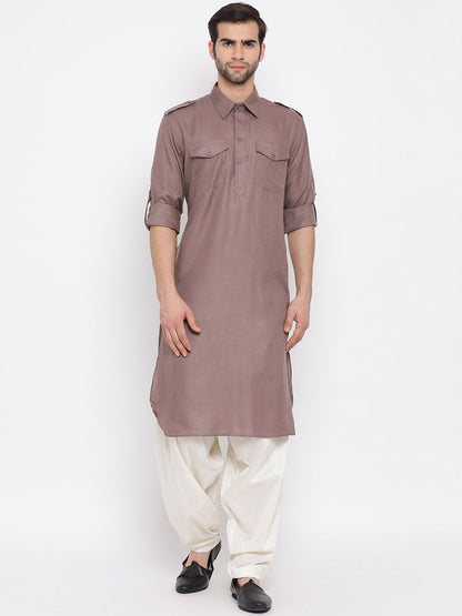 Vastramay Men's Grey Cotton Blend Pathani Suit Set