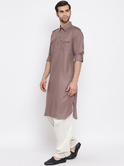 Vastramay Men's Grey Cotton Blend Pathani Suit Set