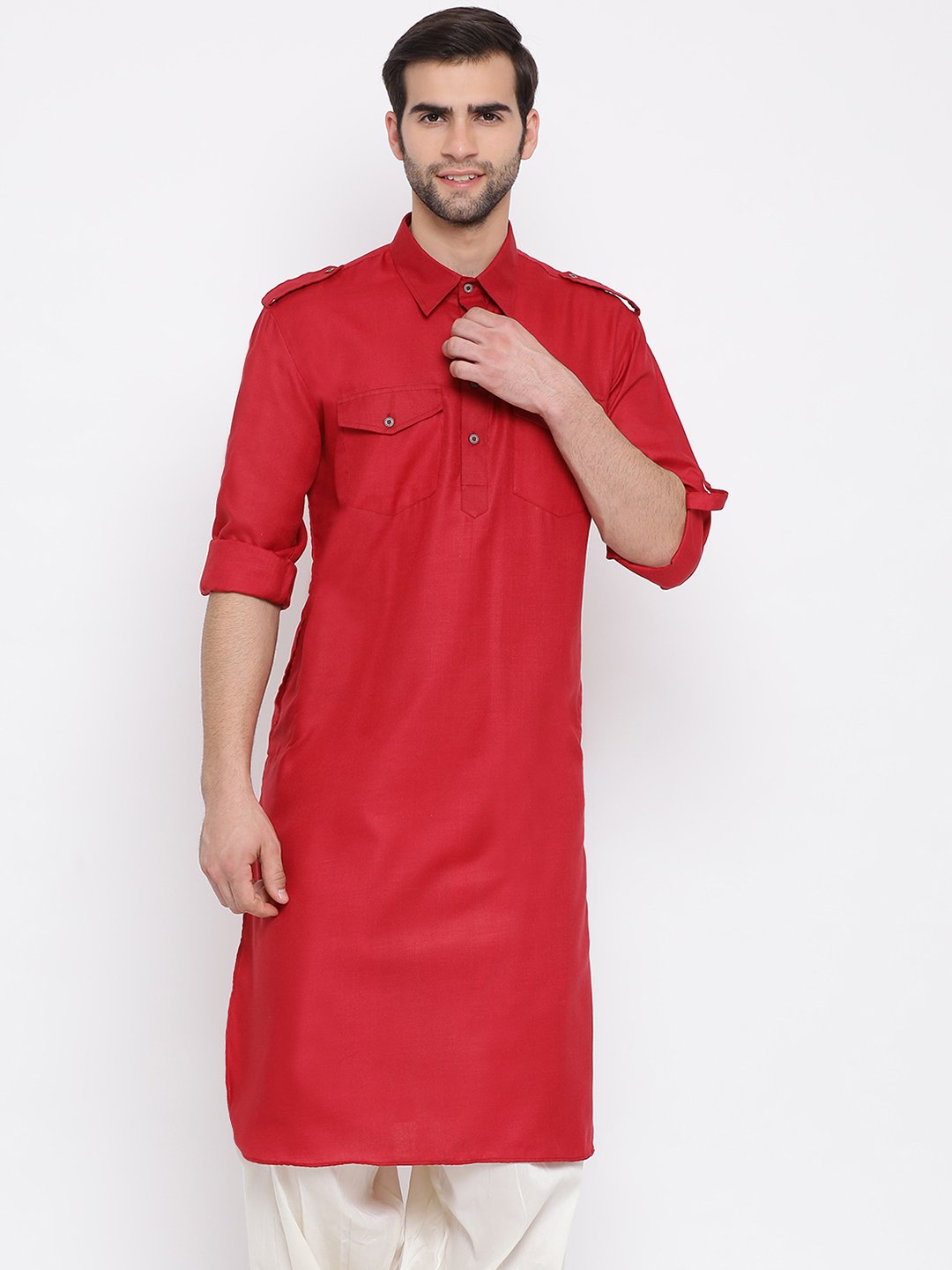 Vastramay Men's Maroon Cotton Blend Pathani Style Kurta