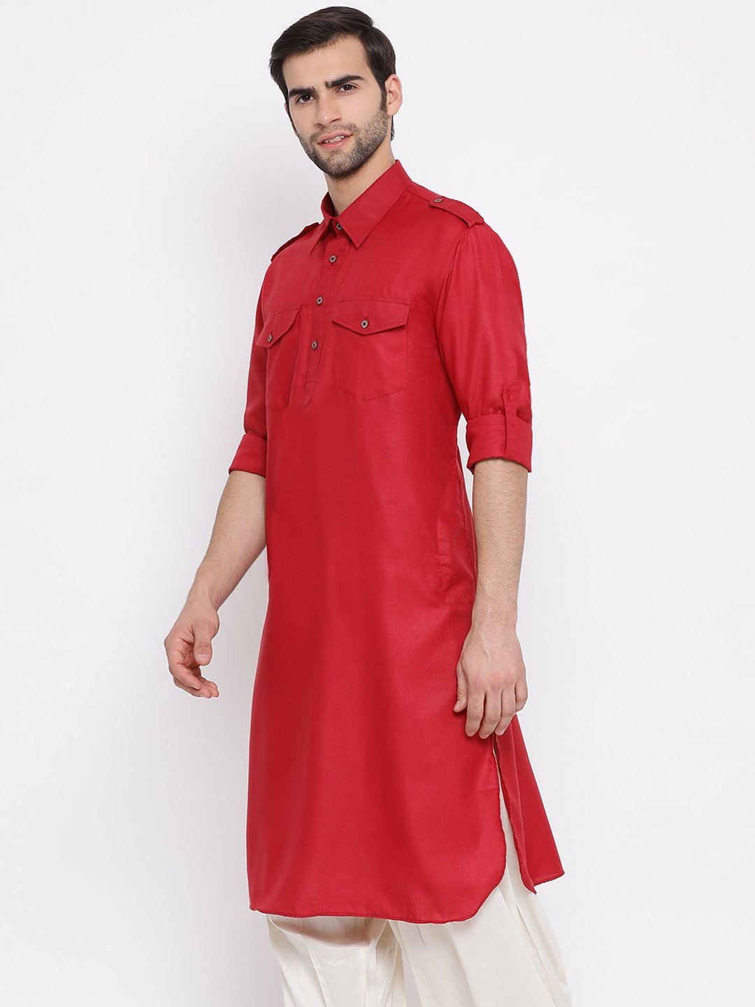 Vastramay Men's Maroon Cotton Blend Pathani Style Kurta