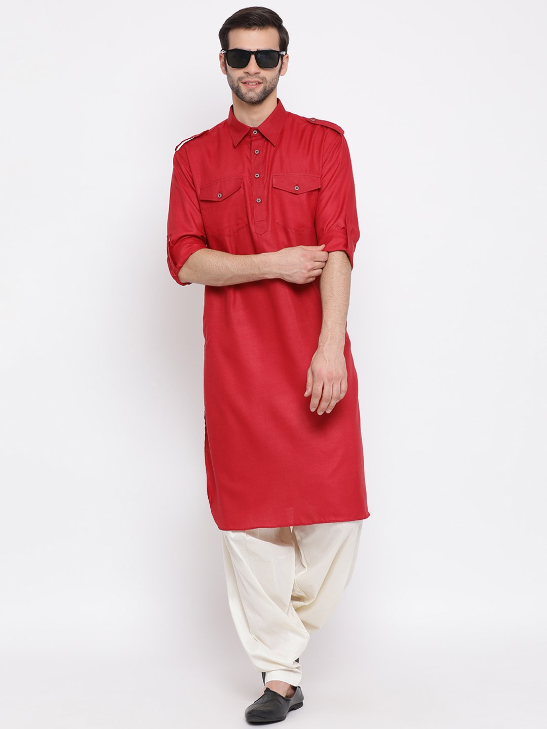 Vastramay Men's Maroon Cotton Blend Pathani Style Kurta