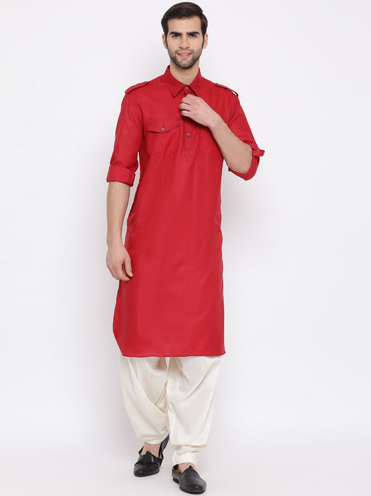 Vastramay Men's Maroon Cotton Blend Pathani Suit Set