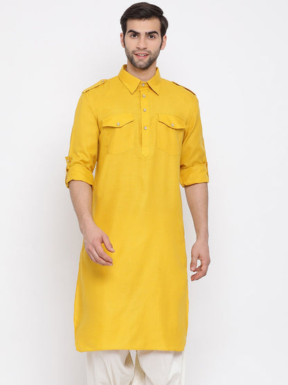 Vastramay Men's Mustard Cotton Blend Pathani Style Kurta