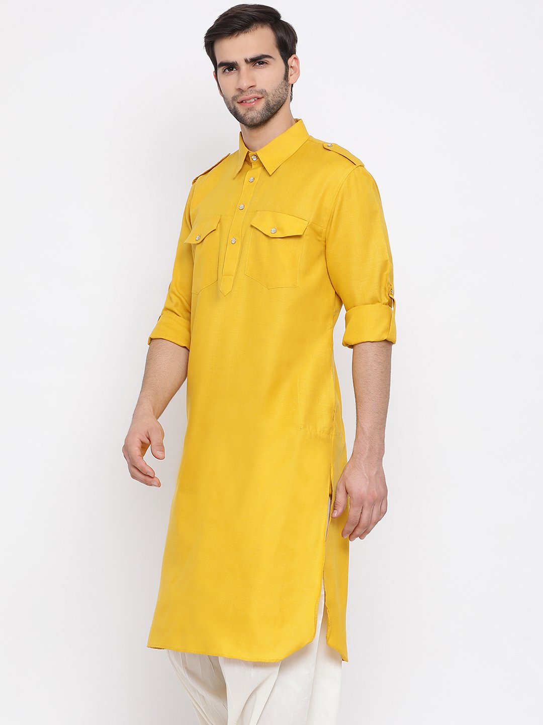 Vastramay Men's Mustard Cotton Blend Pathani Style Kurta