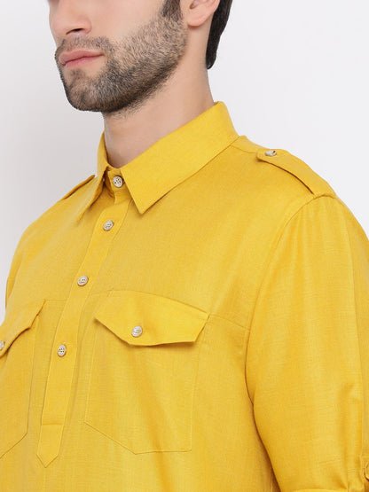 Vastramay Men's Mustard Cotton Blend Pathani Style Kurta