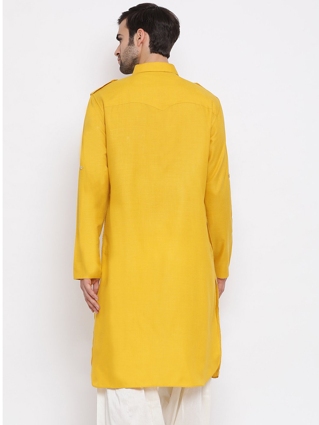 Vastramay Men's Mustard Cotton Blend Pathani Style Kurta