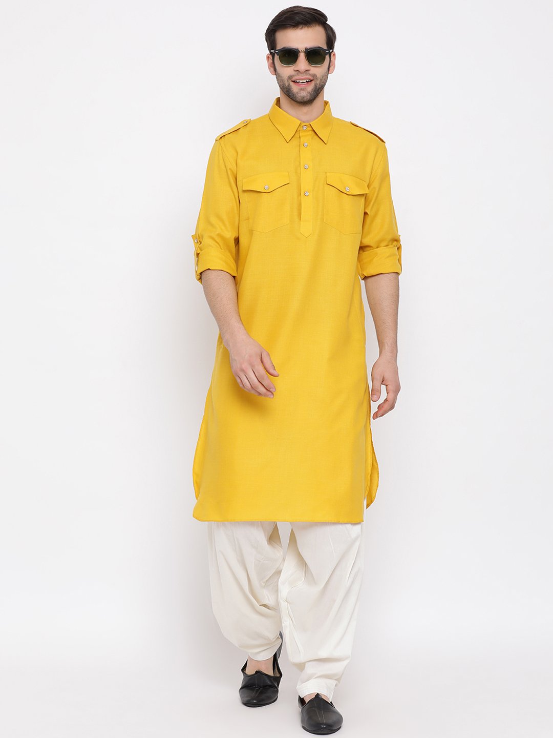 Vastramay Men's Mustard Cotton Blend Pathani Style Kurta