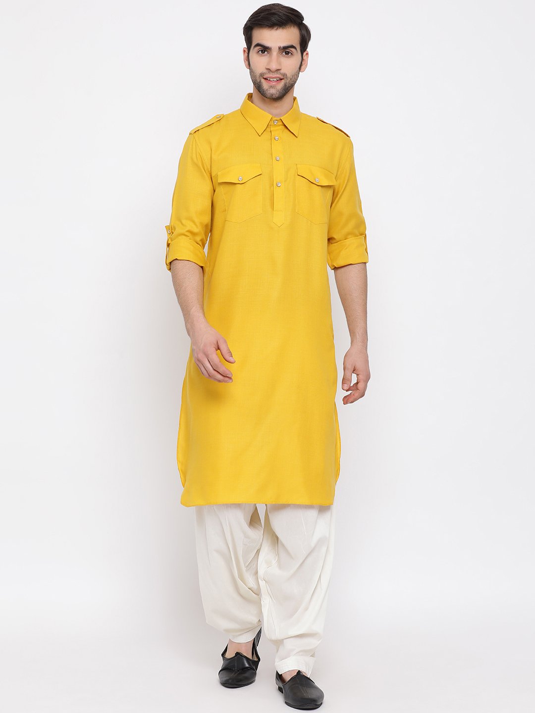 Vastramay Men's Mustard Cotton Blend Pathani Suit Set