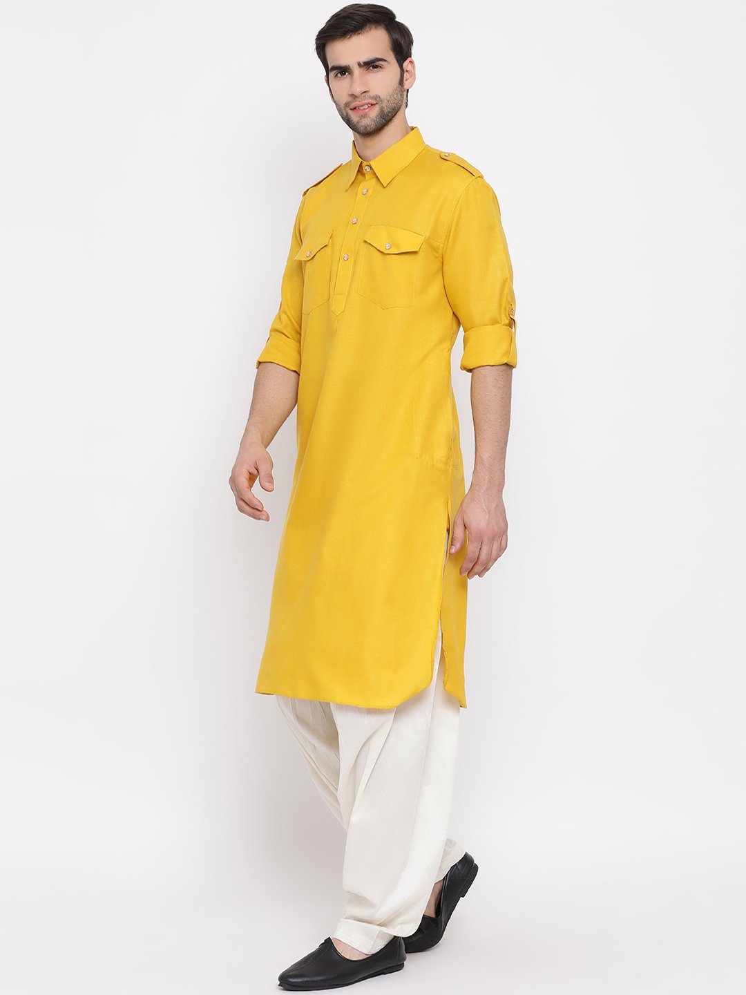 Vastramay Men's Mustard Cotton Blend Pathani Suit Set