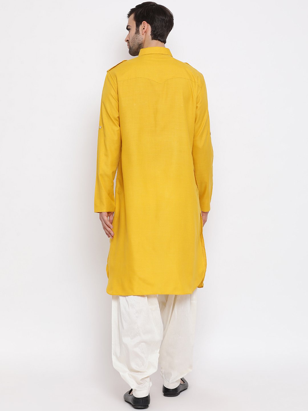 Vastramay Men's Mustard Cotton Blend Pathani Suit Set