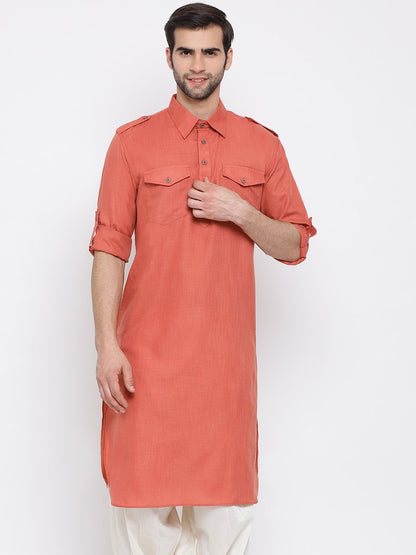 Vastramay Men's Pink Cotton Blend Pathani Style Kurta