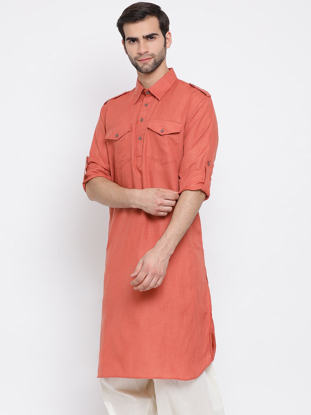 Vastramay Men's Pink Cotton Blend Pathani Style Kurta