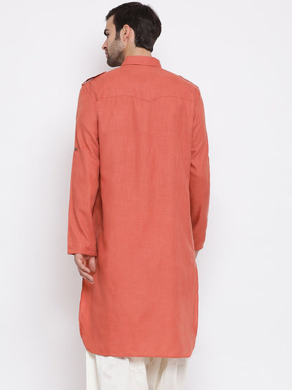 Vastramay Men's Pink Cotton Blend Pathani Style Kurta