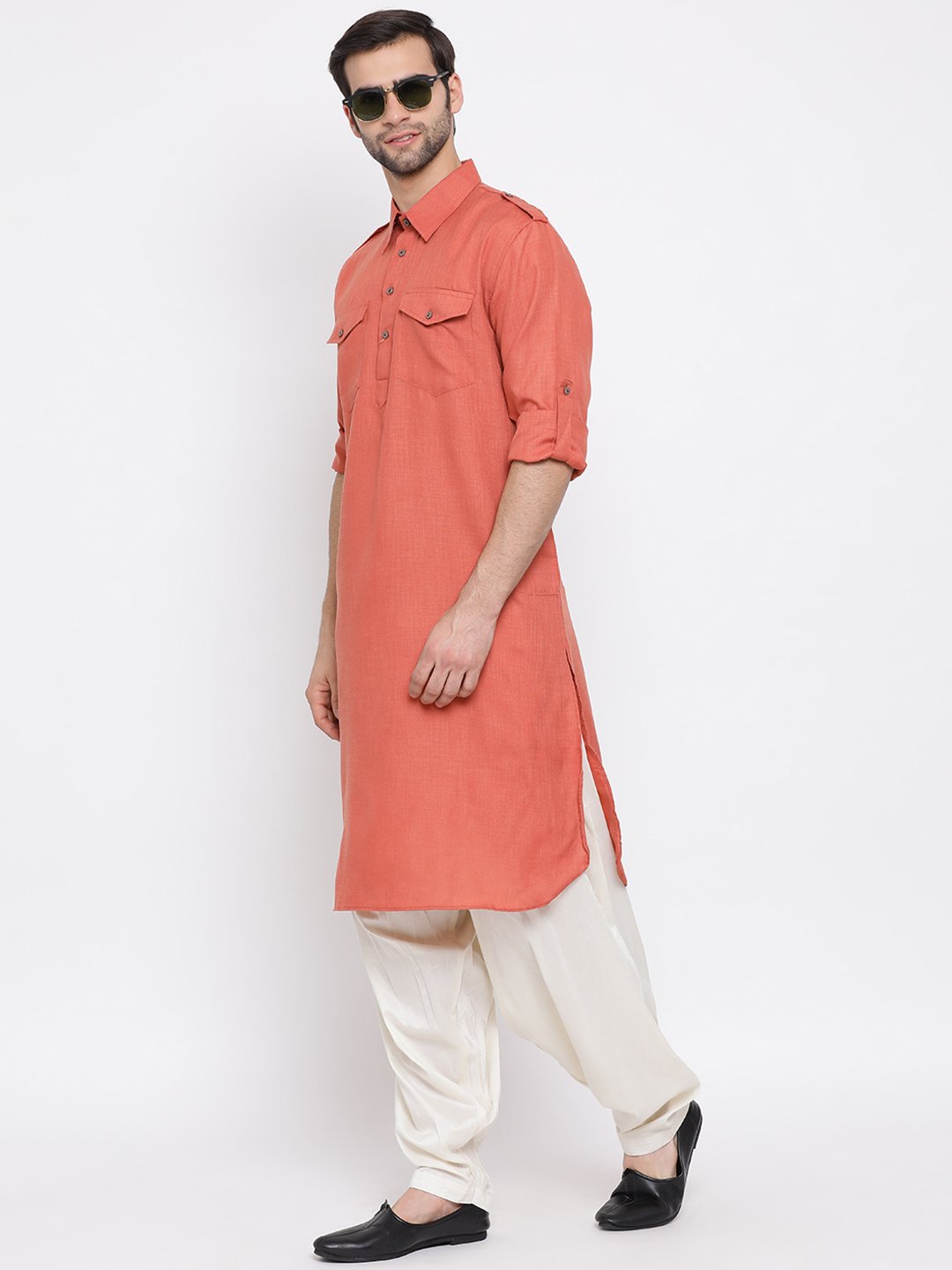 Vastramay Men's Pink Cotton Blend Pathani Style Kurta