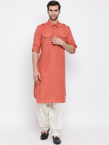 Vastramay Men's Pink Cotton Blend Pathani Suit Set