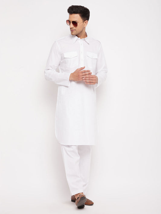 Vastramay mens white cotton blend pathani suit set