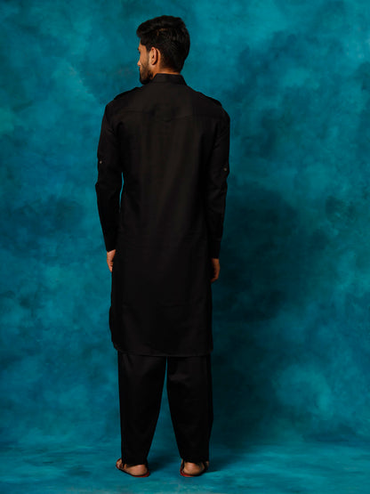 Vastramay Men's Black Cotton Pathani Suit Set