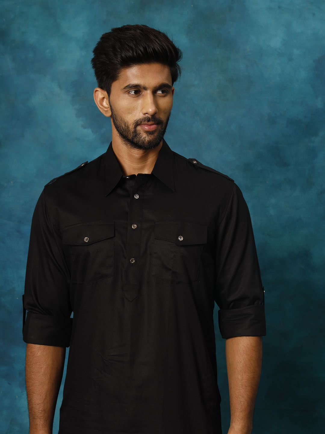 Vastramay Men's Black Cotton Pathani Suit Set