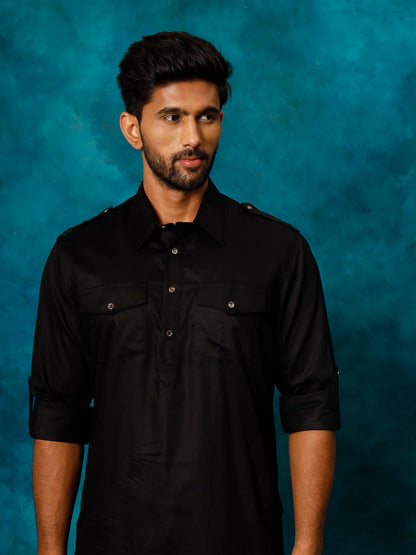 Vastramay Men's Black Cotton Pathani Suit Set