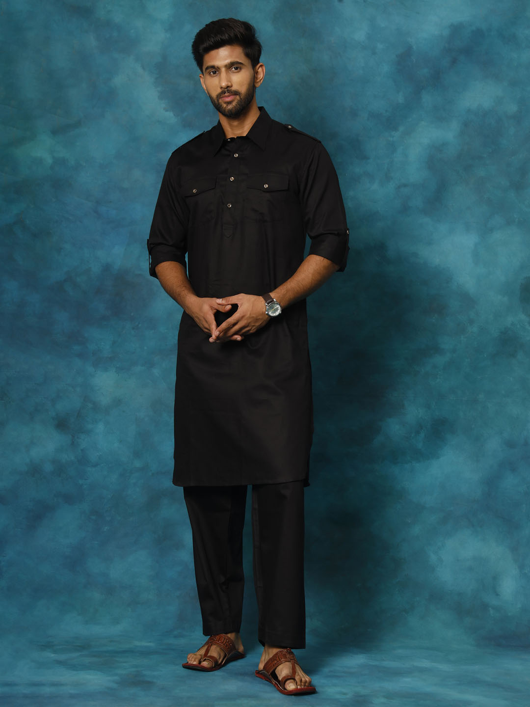 Vastramay Men's Black Cotton Pathani Suit Set